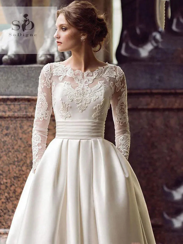 SoDigne Summer Wedding Dress Long Sleeves A Line Satin - View 3 | SAMAG