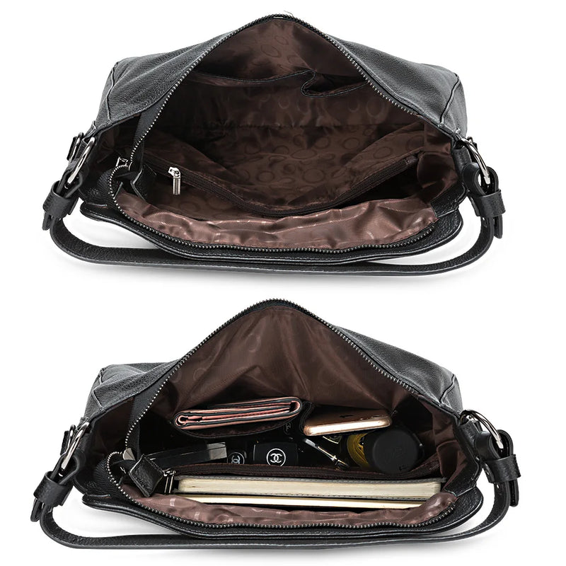 Zency 100% Genuine Leather Elegant Women Shoulder Bag Classic Black Hobos Roomy Casual Tote Handbag Crossbody Messenger Grey