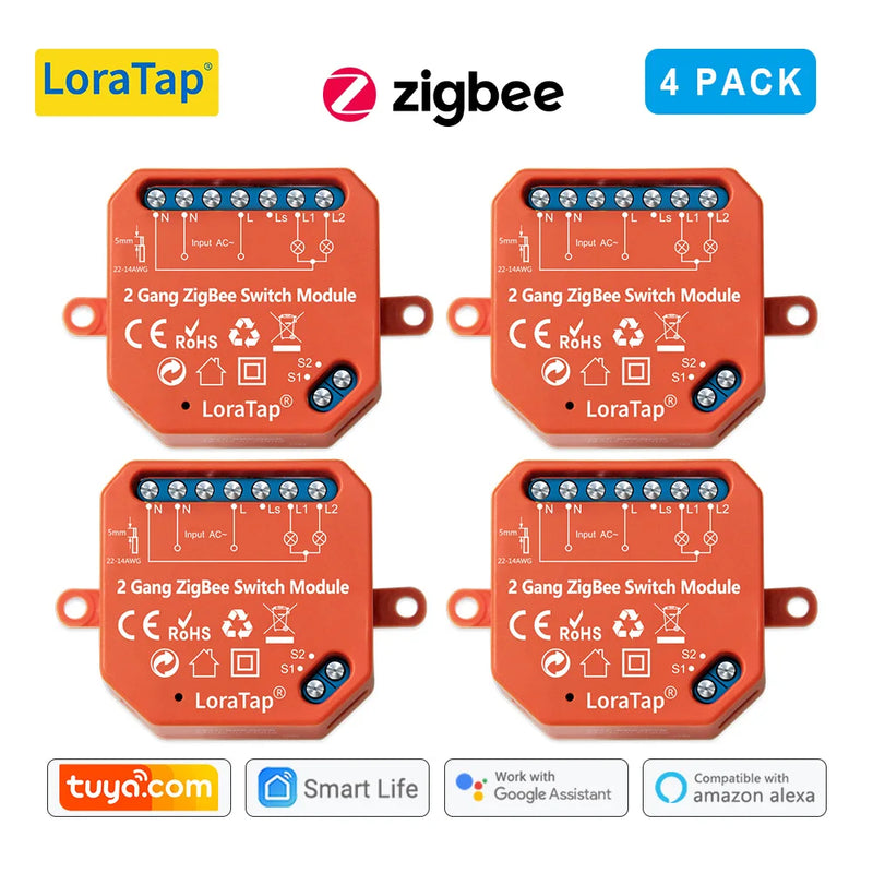 LoraTap Tuya ZigBee 3.0 2 Gang Light Switch Relay Module Google Home Alexa Echo Remote Control Work with Zigbee2MQTT DIY