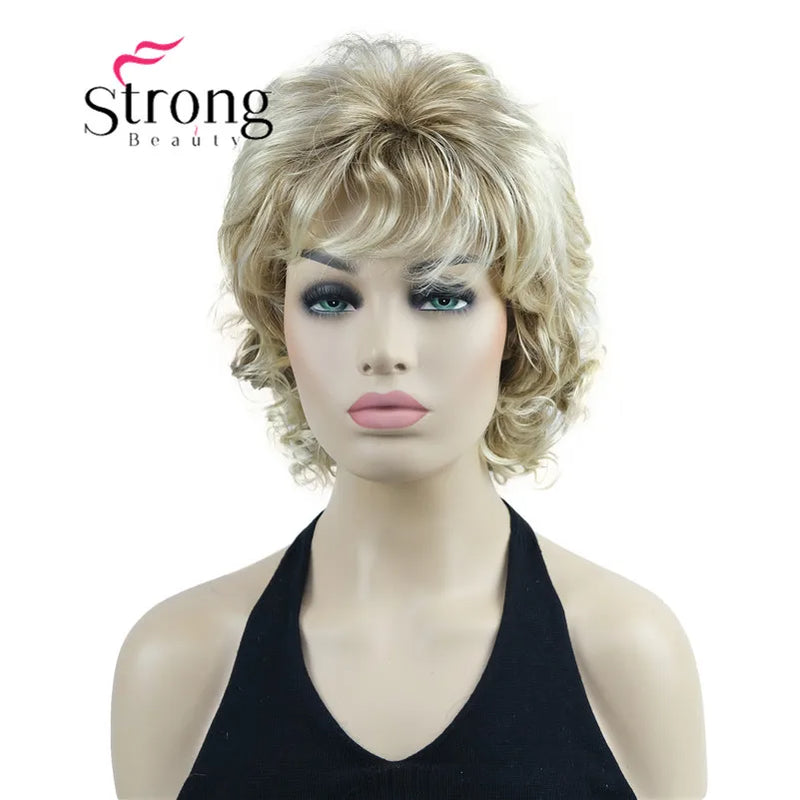 StrongBeauty Short Wig Soft Tousled Curls Blonde Highlights Full Synthetic Wigs COLOUR CHOICES