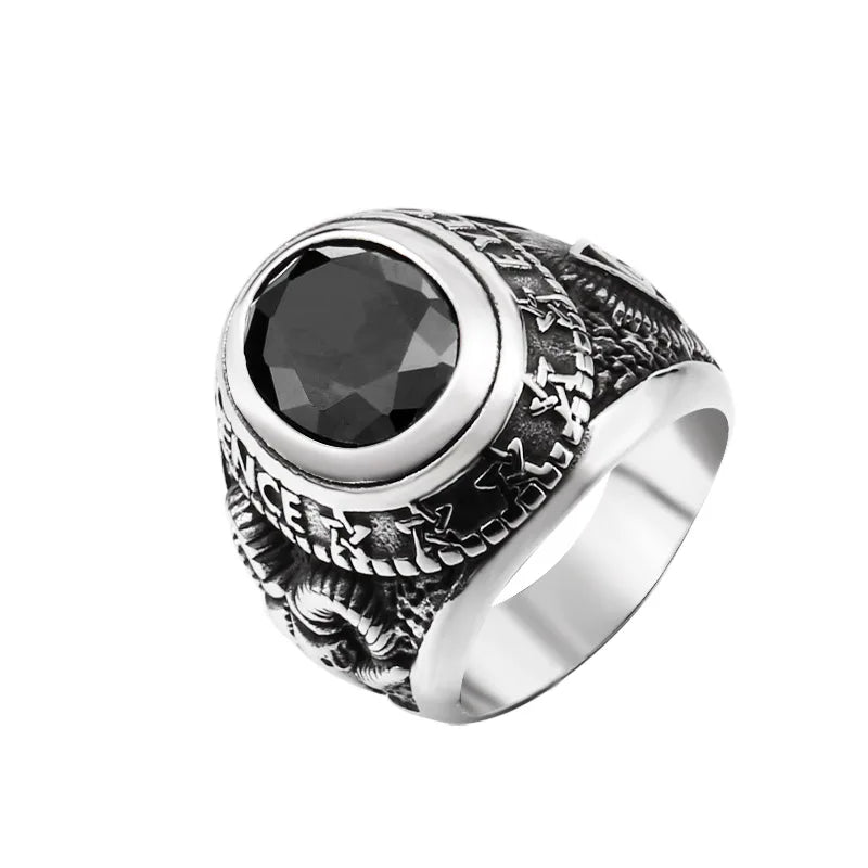 BEIER Stainless steel Cool Unique Black Stone Ring Titanium Steel Retro Old Totem Jewelry For Man Factory Price Sale BR8-334