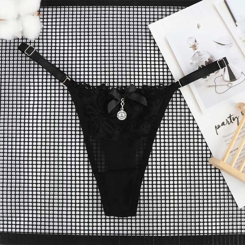 Women Lace Panties Thongs Pearl Pendant Lace Embroidery G-String T-Back Briefs Underwear Adjustable Ladies Panties Sexy Lingerie