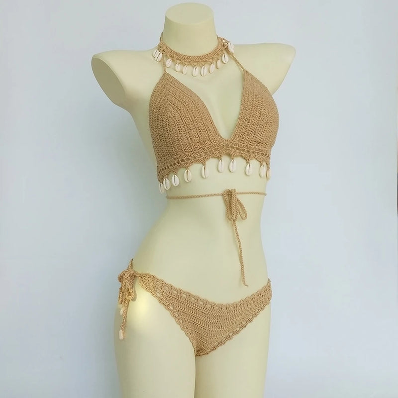 Bikini Set Woman Crochet Shell Tassel Top And Seashell | SAMAG