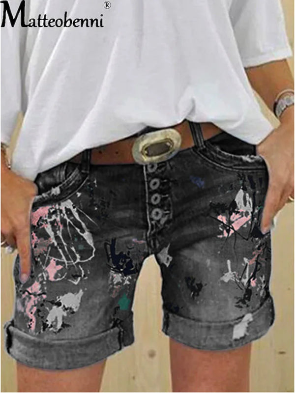 2025 Female Casual Bottoms Harajuku Vintage Streetwear Summer New Buttons Women Denim Shorts Washed Flower Print Jeans