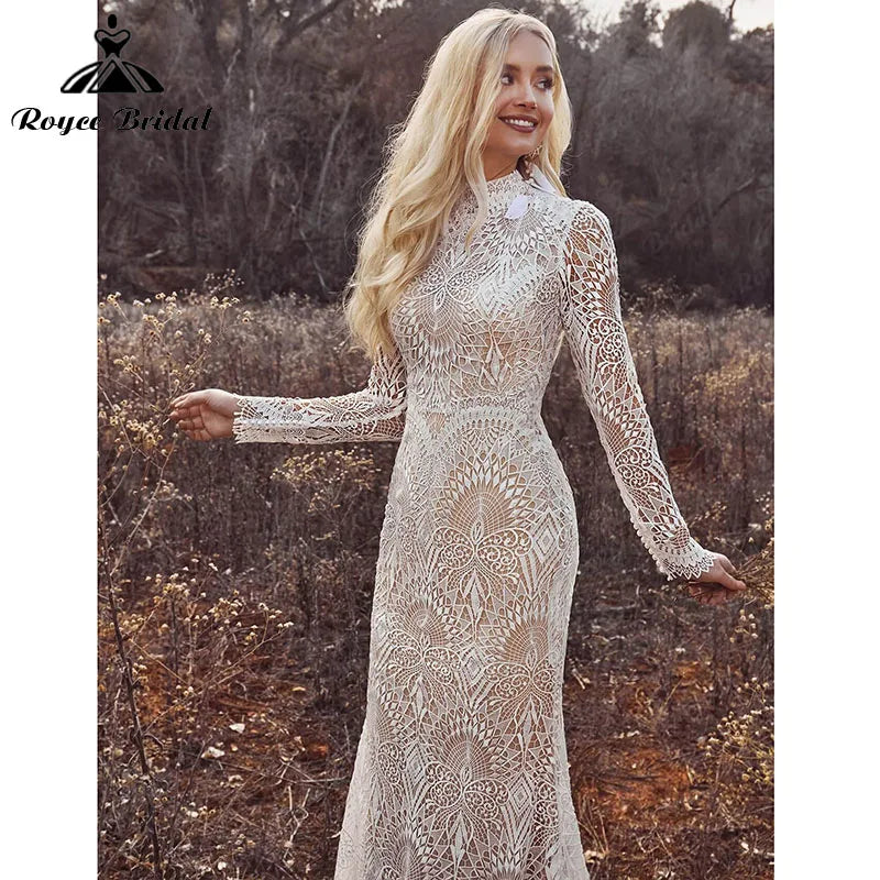 Mermaid Boho Beach Wedding Dresses with Back Buttons Lace - View 3 | SAMAG