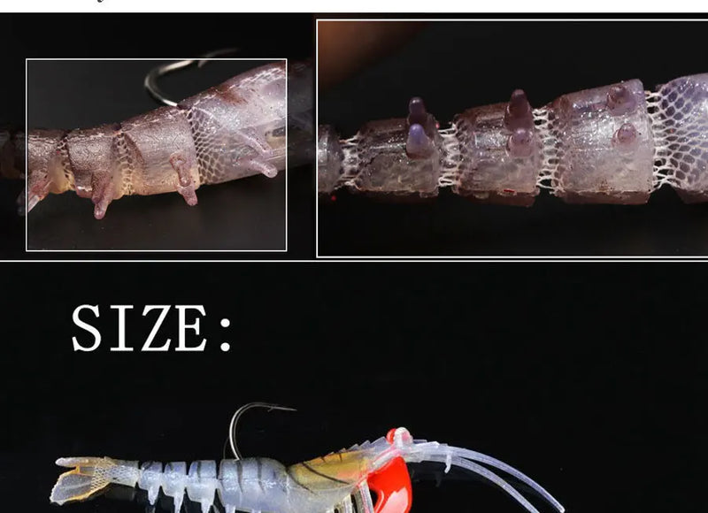 6pcs 12g 18g fishing shrimp prawn lure baits, river prawn fishing craws saltwater bream lures with luminous eyes