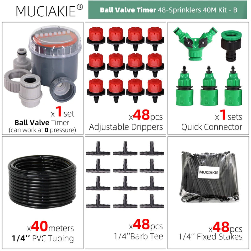 MUCIAKIE 5-50 Meters Ball Valve Timer Garden Watering System Irrigation Drip Kits Automatic Spray for Plants Adjustable Nozzles