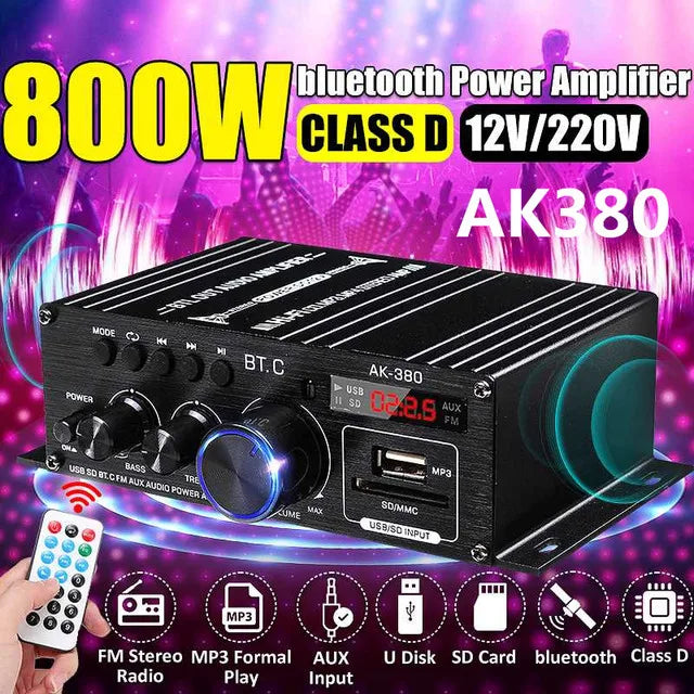 AK35 800W Home Power Amplifiers 2 Channel Bluetooth 5.0 Surround Sound FM USB Remote Control Mini HIFI Digital Amplifier Stereo