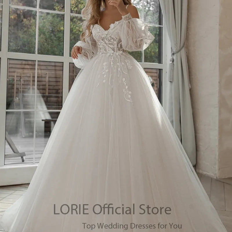 LORIE Glitter Wedding Dresses Puff Sleeve Appliques Lace - View 6 | SAMAG
