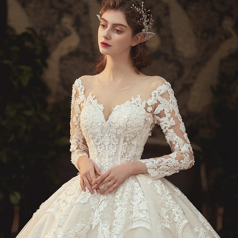 Beading Pearls Appliques Lace Illusion Princess Ball Gown - View 4 | SAMAG