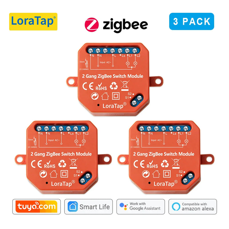 LoraTap Tuya ZigBee 3.0 2 Gang Light Switch Relay Module Google Home Alexa Echo Remote Control Work with Zigbee2MQTT DIY