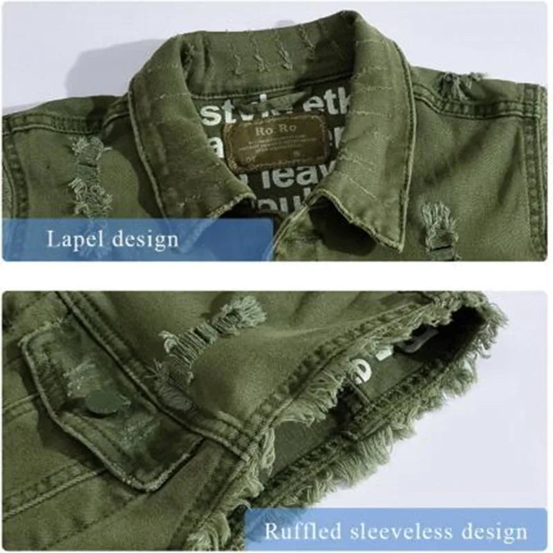 New vests 2022 Slim Fit Cowboy Male Jacket Vest Ripped Denim Vest Men's Jacket Sleeveless Casual Waistcoat Mens Jean Coat Green