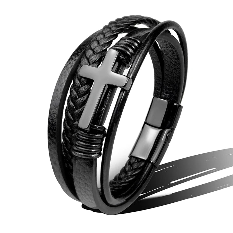 Charm Stainless Steel Leather Cross Brown/black Bracelet Men Hiphop Jewelry Magnetic Clasp Mutilayer Male - Visuel 9 | SAMAG