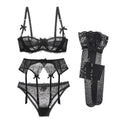 CYHWR Luxury Half Cup Lace Transparent Sexy Lingerie Ultra-thin Solid Shell Style 4 Pieces/Lots Bra Set and Garter and Stocking