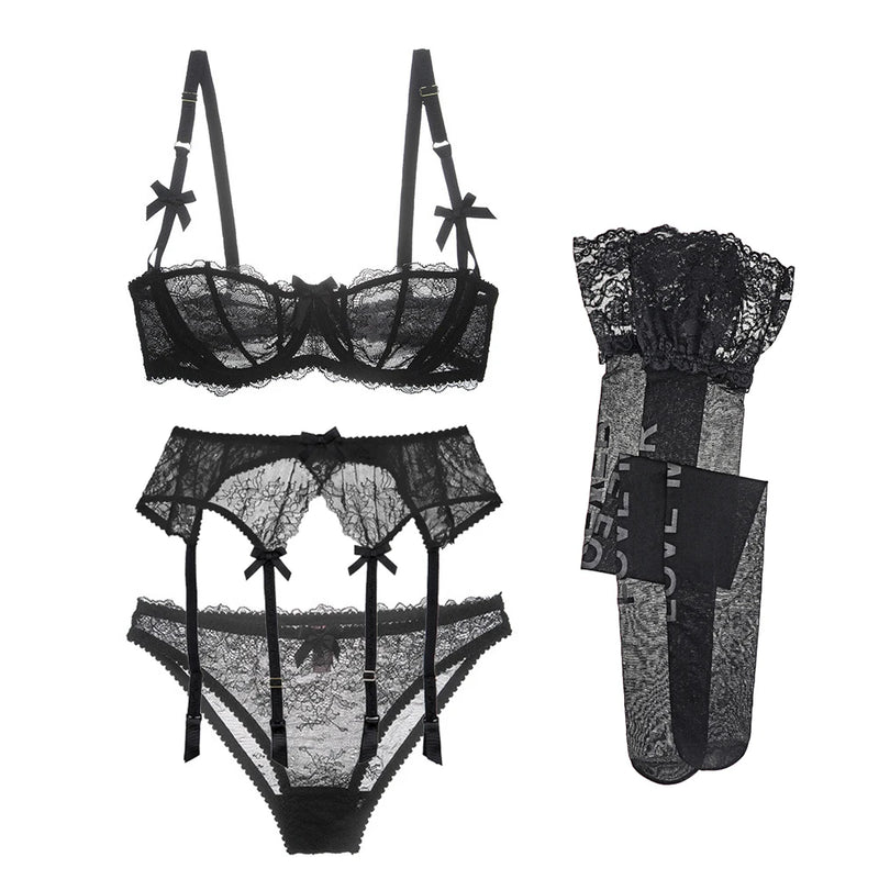 CYHWR Luxury Half Cup Lace Transparent Sexy Lingerie Ultra-thin Solid Shell Style 4 Pieces/Lots Bra Set and Garter and Stocking