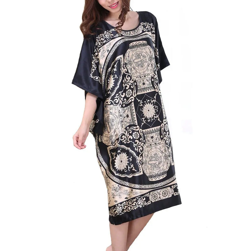 High Quality Chinese Women Silk Home Dress Robe Summer Lounge Nightshirt Short Sleeve Sleepwear Nightgown Plus Size 6XL A-073
