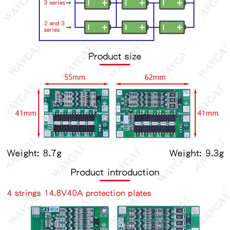 3S/4S 20 40A 60A Li-ion Lithium Battery Charger Protection Board 18650 BMS Drill Motor 11.1V 12.6V/14.8V 16.8V Enhance/Balance