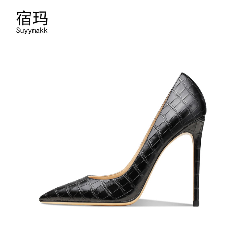 Heels For Women Real Leather Pumps Crocodile Pattern Luxury Black Women's Shoes Pointed Toe High Heels Ladies Prom Shoes Women