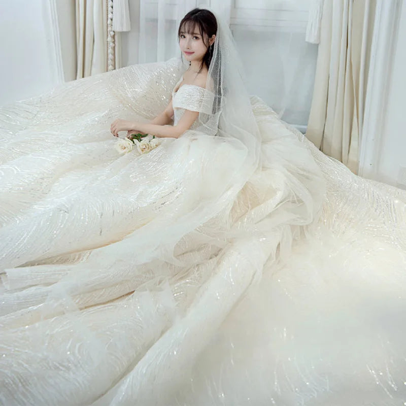 Wedding Dress Shiny Classic Boat Neck Bridal Party Gown - View 5 | SAMAG