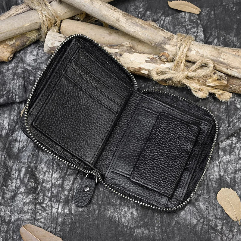 Men Crazy horse Genuine Leather Coin Wallet Real Leather Snap Short Purse Women Coin Pocket Zip Around Small Trifold Pocket