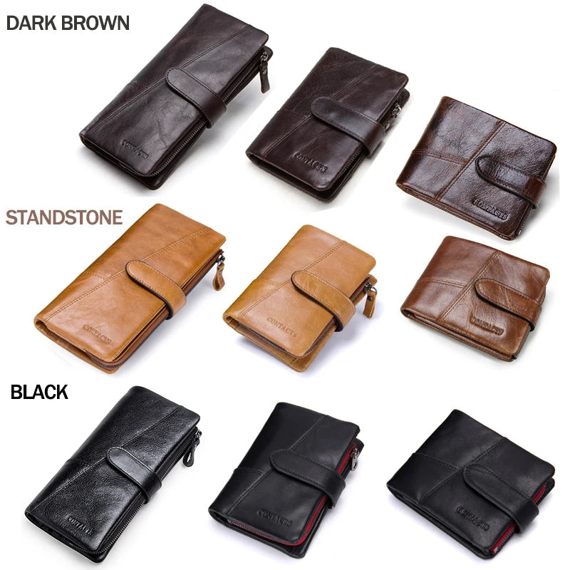 CONTACT'S Genuine Crazy Horse Cowhide Leather Men Wallets  Fashion Purse With Card Holder Vintage Long Wallet Clutch Wrist Bag