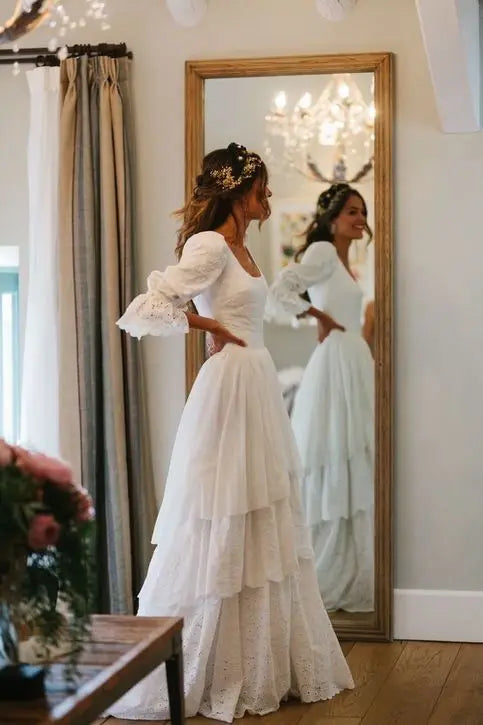 Verngo Rustic Boho Wedding Dress Vintage Lace A Line - View 7 | SAMAG