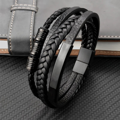 New Multi - Layer Stainless Steel Genuine Leather Bracelet For Mens Magnetic Clasp Bangles Office Accessories Jewelry | SAMAG