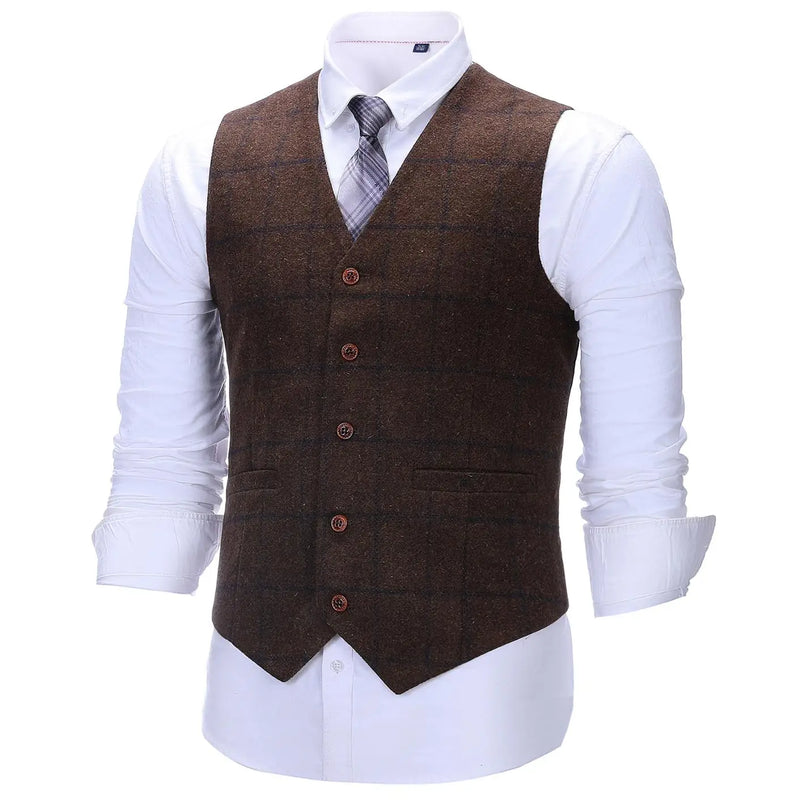 Men's Army Green Vest Plaid Soft Wool Brown Jacket Casual Gentleman Tweed Business Waistcoat For Groosmen Best Man For Wedding