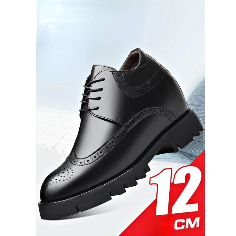 Men's Cowhide Elevator Men's Shoes Increased 12cm Business Formal Wear Leather Shoes Increased Brock High Heel Derby Men's Shoes