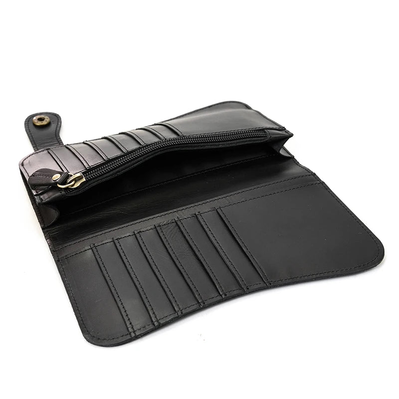 Men's Vintage Crazy Horse Leather Chain Wallet Genuine Leather Bifold Long Wallet Snap Card Holder Purse Zipper Coin Rfid Pocket