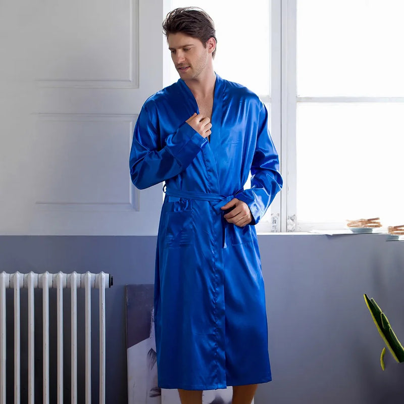 Chinese Men's Navy Blue Satin Robe With Belt Kimono Bathrobe Gown Nightgown Sleepwear Home Leisure Pajamas S M L XL XXL 20701