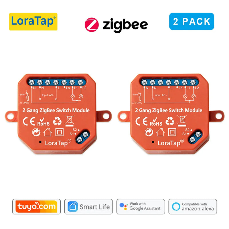 LoraTap Tuya ZigBee 3.0 2 Gang Light Switch Relay Module Google Home Alexa Echo Remote Control Work with Zigbee2MQTT DIY