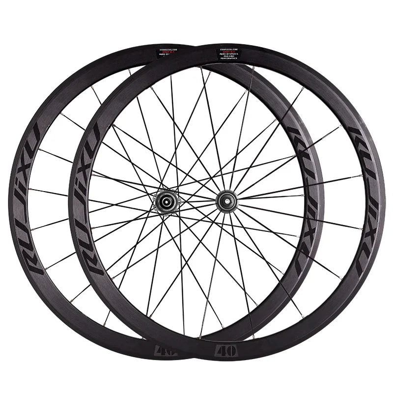 RUJIXU 700C 40mm Carbon fiber tube hub straight flat spoke road bike v brake wheelset rim brake wheel