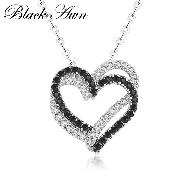 Black Awn Silver Color Necklace Women Jewelry Heart Black&White Stone Pendants P107