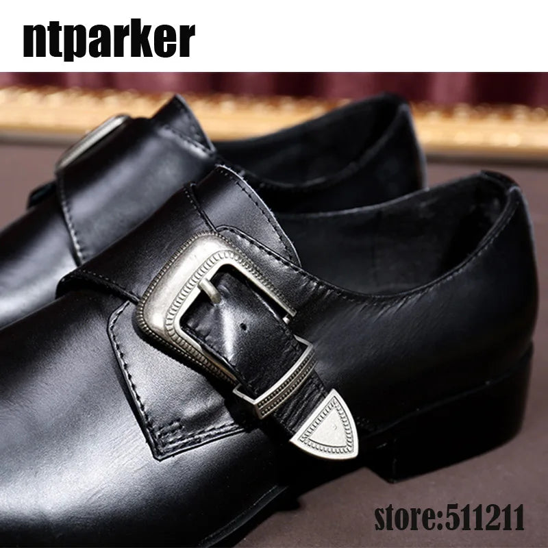 ntparker Fashion Men's leather shoes buckle strap pointy Mteal Front Cap high heels Business dress oxford shoes for men