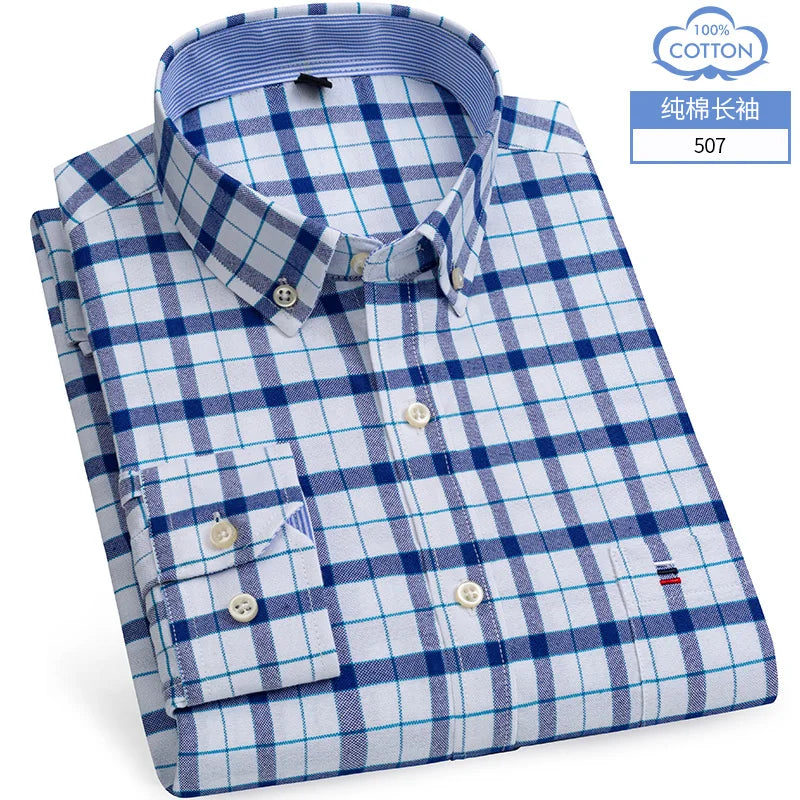 S~6XL Cotton Oxford Shirt For Men's Long Sleeve Plaid | SAMAG