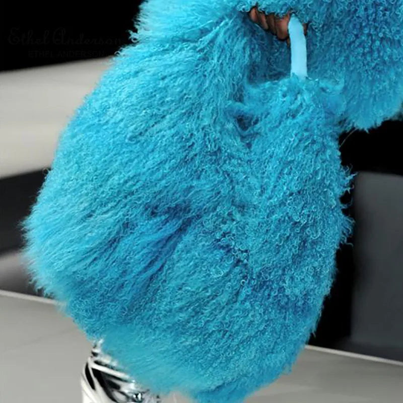 Luxury Real Mongolia Lamb Fur Handbag Soft Plush Genuine Leather Shoulder Boston Bag Women's Purse Hobo Style Fluffy Fuzzy Bags
