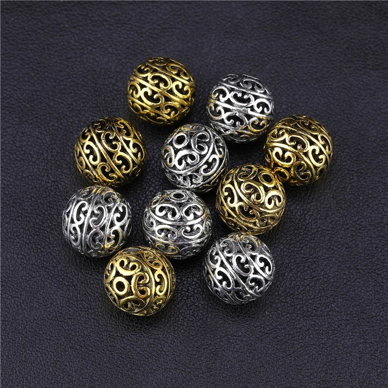 Juya 10 20Pcs/Lot 12mm Engrave Perles Hollow Antique Gold Silver Plated Metal Beads For DIY Women Men Beadwork Jewelry Making