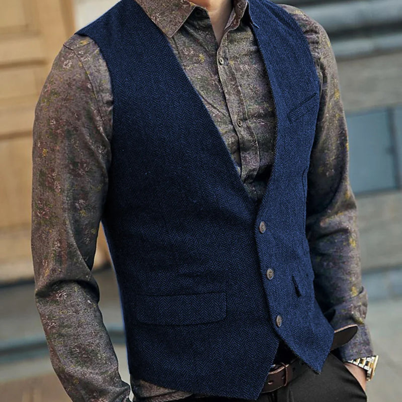 Slim Mens Vest Tweed Waistcoat Vest Vintage Herringbone V-neck Casual Wool Groomsmen Suits Vest For Wedding XS-5XL