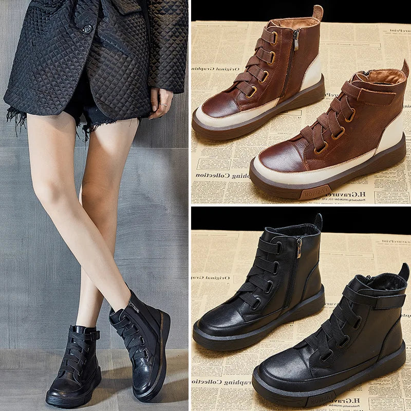 Handmade high-top shoes women's tide new  thick bottom plus velvet ins super fire retro leisure