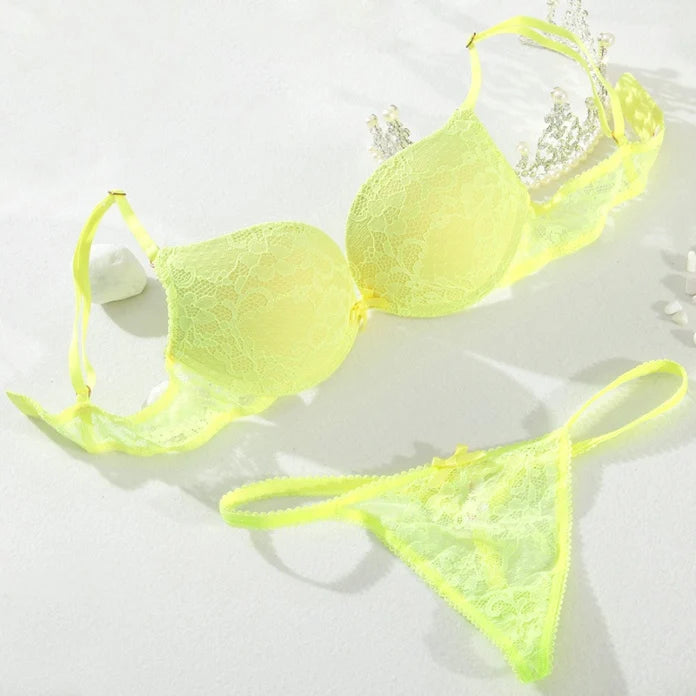 Cotton Deep V Lace Surface Push Up Sexy Bra Panty Sets Matching Bow G-string Comfortable Underwear Women Lingerie Set Intimates