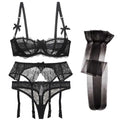 CYHWR Luxury Half Cup Lace Transparent Sexy Lingerie Ultra-thin Solid Shell Style 4 Pieces/Lots Bra Set and Garter and Stocking