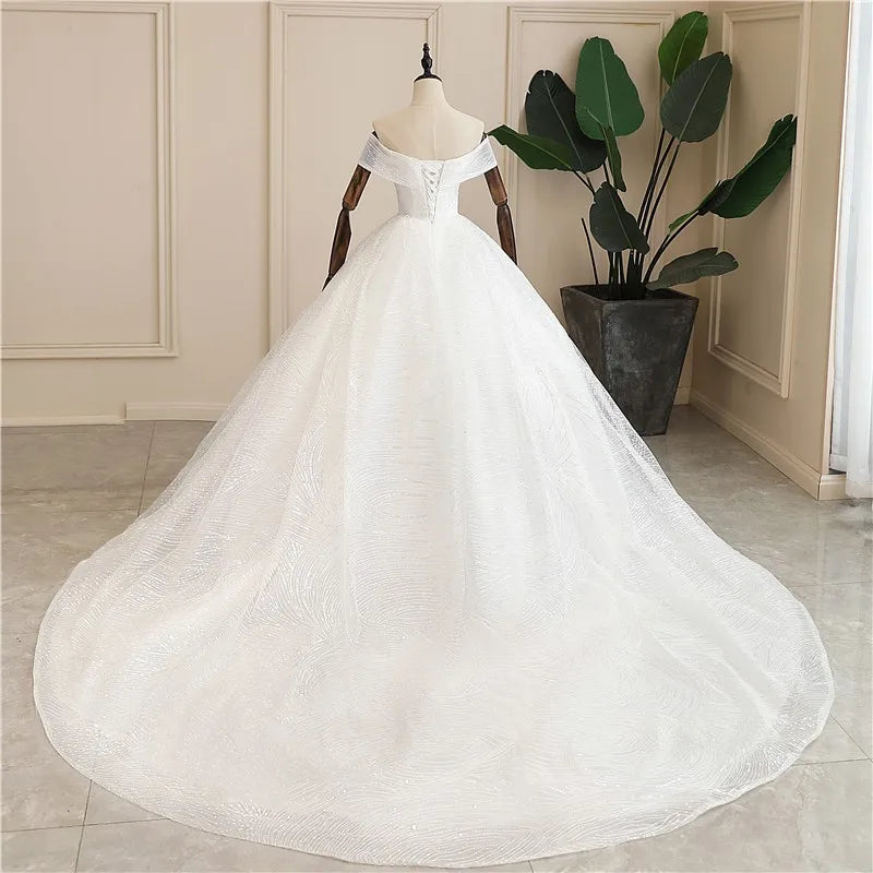 Wedding Dress Shiny Classic Boat Neck Bridal Party Gown - View 3 | SAMAG