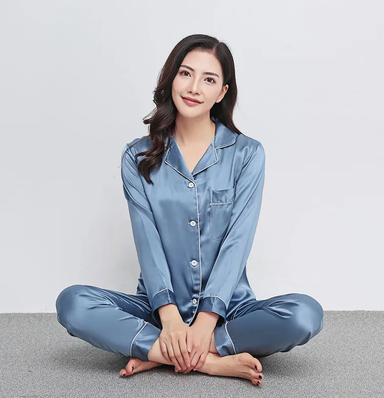 100% Mulberry Silk 22 momme 30 momme thick Women Classical Pajama Set Top and Bottom Set Sleepwear Nightgown S M L XL 2XL LS101