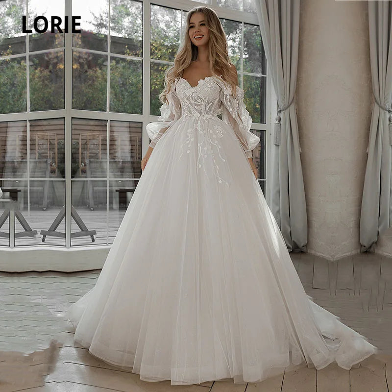 LORIE Glitter Wedding Dresses Puff Sleeve Appliques Lace - View 2 | SAMAG