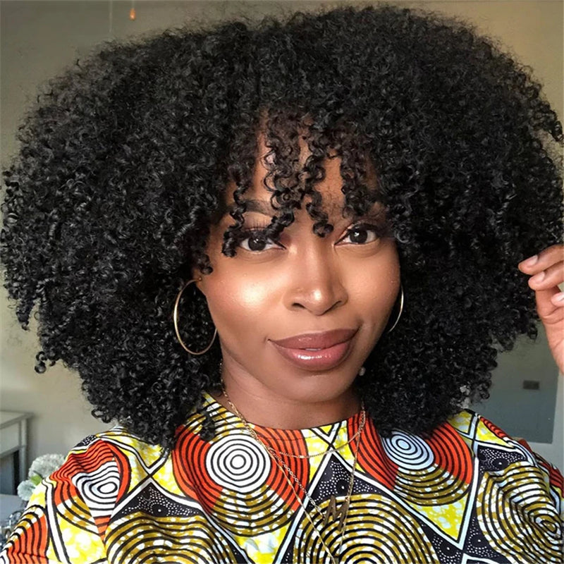 Mongolian Afro Kinky Curly Human Hair Wig For Women Raw Indian Hair Short Bob Wigs With Bangs Afro Curly Fringe Wigs Glueless