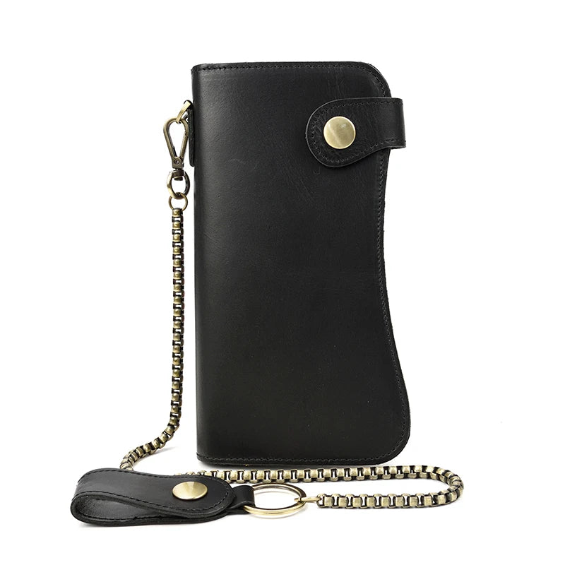 Men's Vintage Crazy Horse Leather Chain Wallet Genuine Leather Bifold Long Wallet Snap Card Holder Purse Zipper Coin Rfid Pocket