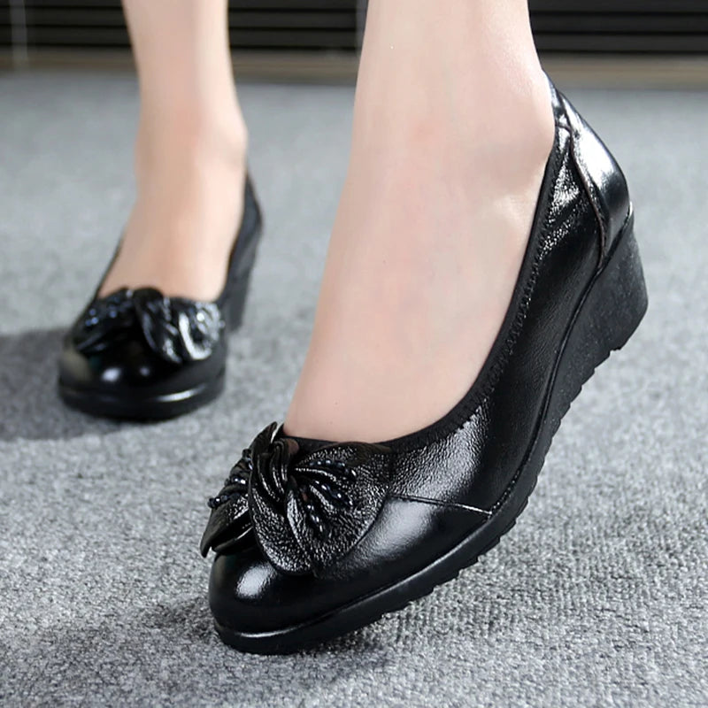 EOFK Women Pumps Genuine Leather Shoes Wedges Low Heel Soft Butterfly Knot Round Toe Shallow Comfortable Ladies Mother Loafers