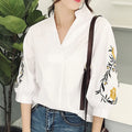 Women Embroidery Floral Casual Striped White Blouses and Shirts Female Three Quarter Sleeve Loose Tops Fashion V-Neck Blusas