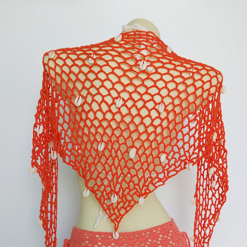 Women Triangle Shawl With Seashell Sexy Bikini Cover Up Sunscreen Nets Skirt Mesh Tunic Pareo Beachwear